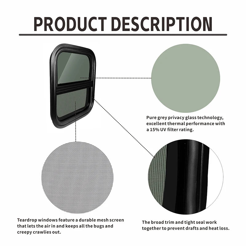 RV Window Trailer Window Waterproof Sealed Tinted Tempered Glass Pull Opening Rounded Corner with Clamp Ring for Camper Vehicle